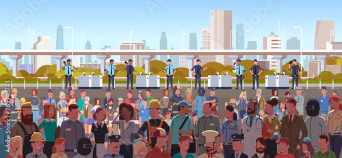 mix race police officers group controlling different occupations people crowd at protest demonstration strike labor day concept city street cityscape background horizontal portrait