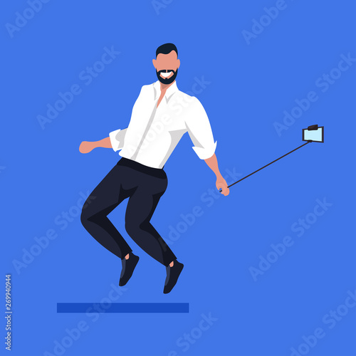 business man using selfie stick taking photo on smartphone camera businessman in formal wear male cartoon character posing flat full length
