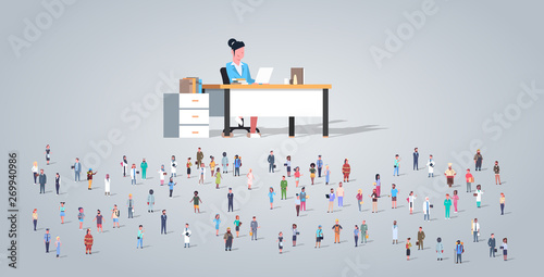 people group in front woman teacher sitting at desk different occupation employees mix race workers crowd education concept horizontal full length flat