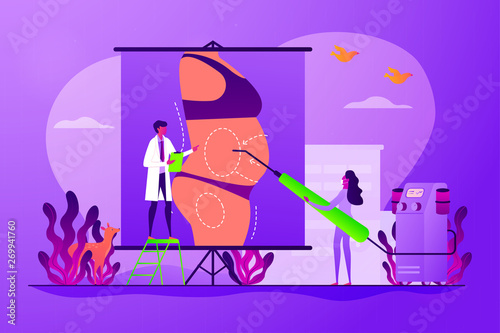 Body contouring, coolsculpting reconstruction. Surgeon and nurse characters consulting patient. Liposuction, lipo procedure, fat removal surgery concept. Vector isolated concept creative illustration