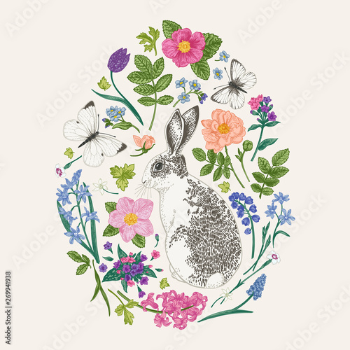 Floral composition with a rabbit.