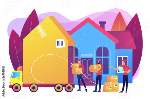 Home relocation, client boxes and cardboard containers in truck. Moving house services, door-to-door removals, best movers service concept. Bright vibrant violet vector isolated illustration