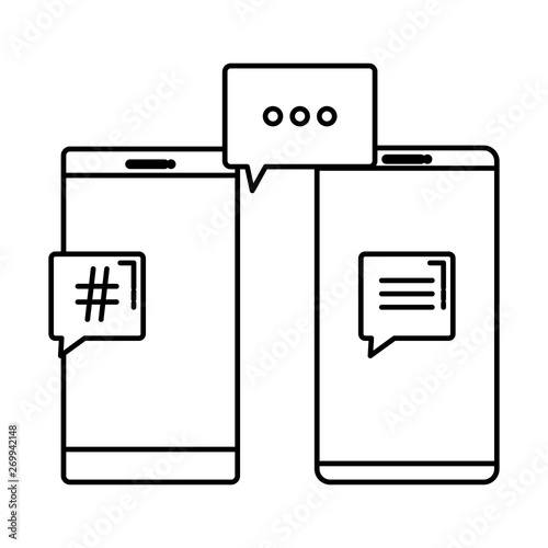 smartphones with speech bubbles hashtag symbol