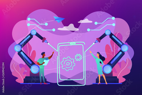 Lazer beams drawing outline of smartphone and engineers, tiny people. Laser technologies, optical communication systems, medical laser use concept. Bright vibrant violet vector isolated illustration