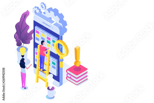 Scrum or canban task board isometric concept. Notes for agile software development. Vector illustration.