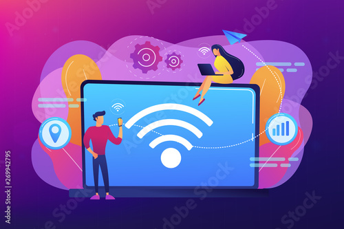 Business people using laptop and smartphone with WiFi connection. Wi-fi connection, WiFi communication technology, free internet services concept. Bright vibrant violet vector isolated illustration