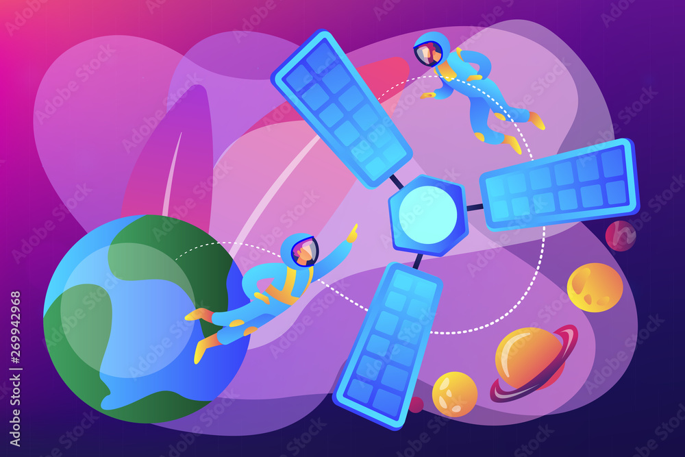 Tiny people astronauts in outer space and satellite orbiting the Earth. Satellite launch, orbital launch system, carrier rocket start concept. Bright vibrant violet vector isolated illustration Tiny people astronauts in outer space and satellite orbiting the Earth. Satellite launch, orbital launch system, carrier rocket start concept. Bright vibrant violet vector isolated illustration