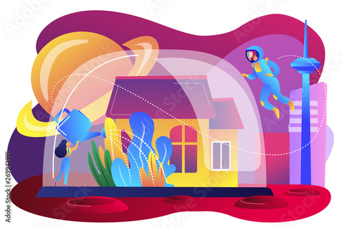 Woman watering plants in space settlement under dome, tiny people. Space colonization, space settlement, extraterrestrial colonization concept. Bright vibrant violet vector isolated illustration