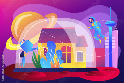 Woman watering plants in space settlement under dome, tiny people. Space colonization, space settlement, extraterrestrial colonization concept. Bright vibrant violet vector isolated illustration