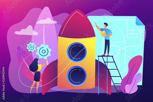 Space technology specialist and engineer constructing rocket, tiny people. Space technology, aerospace industry, space exploration process concept. Bright vibrant violet vector isolated illustration