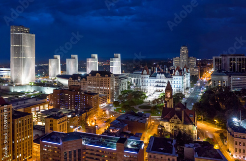 Aerial view of Albany, New York downtown at dusk. Albany is the capital city of the U.S. state of New York and the county seat of Albany County photo