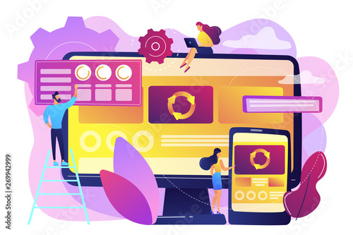 Developers at computer and smartphone working on single page app, tiny people. Single page application, SPA web page, web development trend concept. Bright vibrant violet vector isolated illustration