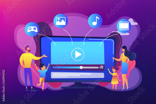 Tiny people family with kids watching smart television content. Smart TV content, smart TV interactive show, high resolution content concept. Bright vibrant violet vector isolated illustration