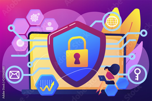 Privacy engineer at laptop with shield improving level of systems privacy. Privacy engineering, privacy-centric model, personal data defence concept. Bright vibrant violet vector isolated illustration