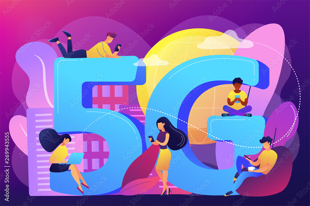 Tiny business people with mobile devices using 5g technology. 5g network, next generation connectivity, modern mobile communication concept. Bright vibrant violet vector isolated illustration