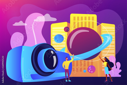 Tiny people video designers with camera and film creation and integration. Video design, projection design, scenic designer service concept. Bright vibrant violet vector isolated illustration