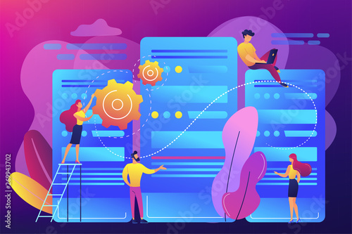 Tiny people data center engineers and administrator working with servers. Data center, centralized computer system, remote data storage concept. Bright vibrant violet vector isolated illustration