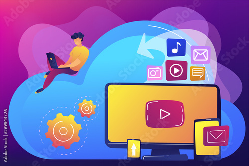Digital devices and businessman with laptop on cloud using IaaS. Cloud based engine, infrastructure as a service, virtual machine on demand concept. Bright vibrant violet vector isolated illustration