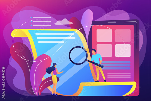 Tiny business people with magnifier reading electronic paper document. Electronic paper, e-ink technology, low energy consumption display concept. Bright vibrant violet vector isolated illustration