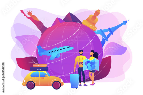 Man and woman choosing travel destination, going on holiday vacation. Global travelling, trip around the world, international tourism concept. Bright vibrant violet vector isolated illustration