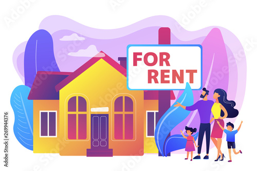 Family moving to countryside area. Realtor shows townhouse. House for rent, booking hose online, best rental property, real estate services concept. Bright vibrant violet vector isolated illustration