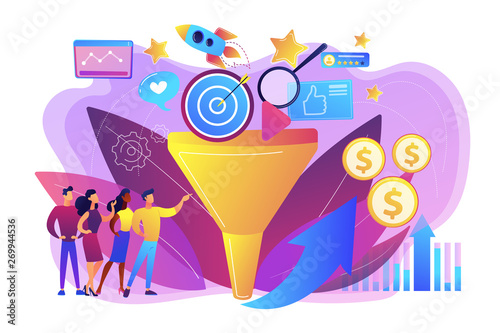 Analysts analyzing market. Selling strategy, lead generation. Marketing funnel, product marketing cycle, advertising system control concept. Bright vibrant violet vector isolated illustration