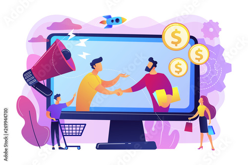 Profitable partnership, business partners cowork. Affiliate marketing, cost effective marketing solution, affiliate marketing management concept. Bright vibrant violet vector isolated illustration