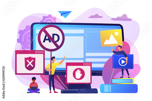 Programmer developing anti virus program. Banned Internet content. Ad blocking software, removing online advertising, ad filtering tools concept. Bright vibrant violet vector isolated illustration