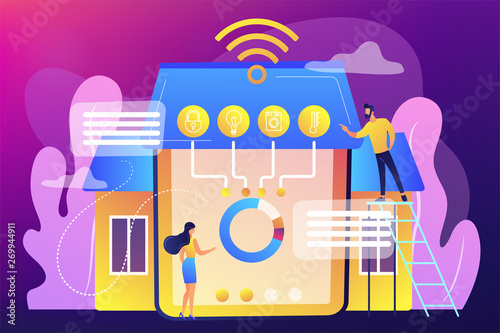 Tiny business people at innovative smart home automation system. Smart home 2.0, next generation IoT, home with cognitive intelligence concept. Bright vibrant violet vector isolated illustration