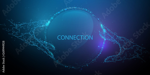 Hands touching global connection concept. Futuristic technology. Lines, triangles and particle style design. Illustration vector photo