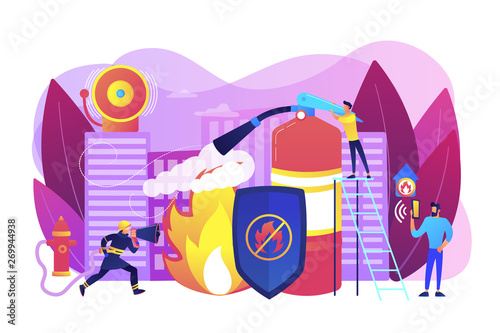 Firefighter extinguishing flame character. Rescuer dangerous job. Fire protection, fire prevention technologies, fire protection services concept. Bright vibrant violet vector isolated illustration