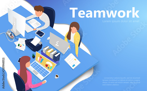 Office workers at work place. Teamwork concept. Flat isometric vector illustration