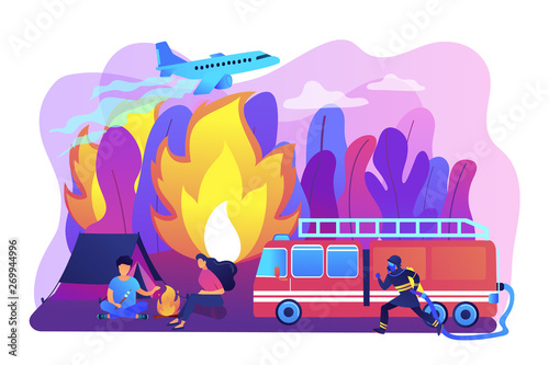 Firefighting emergency service. Fireman with hose character. Prevention of wildfire, forest and grass fire, conflagration safety engineering concept. Bright vibrant violet vector isolated illustration