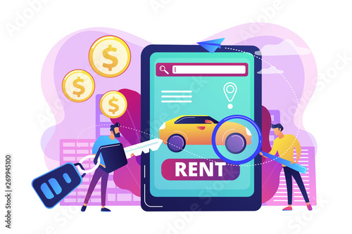 Transport renting website, automobile buying. Man searching used auto on Internet. Rental car service, budget car rental, online car booking concept. Bright vibrant violet vector isolated illustration