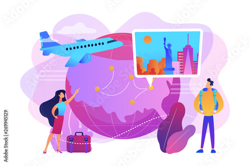 Couple going on holiday vacation, around world journey. Travel agency tour. Inside country traveling, local tourism, learn your country concept. Bright vibrant violet vector isolated illustration