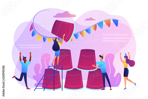 Students having fun, colleagues celebrating holiday, friends playing beer pong. Party game, best party time spending, party game ideas concept. Bright vibrant violet vector isolated illustration