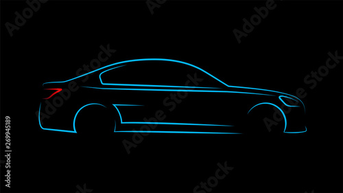 Modern car silhouette in side view. Blue neon car silhouette for logo, banner or marketing advertising design. Vector illustration.