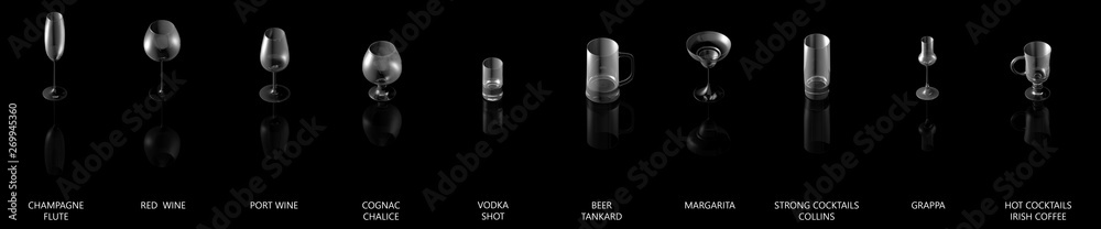 3D illustration of large collection of various glasses for cocktails and wine and other drinks isolated on black, side-top view with reflection - drinking glass render 3D illustration of large collection of various glasses for cocktails and wine and other drinks isolated on black, side-top view with reflection - drinking glass render