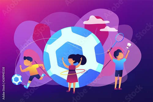 Tiny people, active kids in camp playing sports outside and big football. Sport summer camp, multi sports camp, active summer time concept. Bright vibrant violet vector isolated illustration