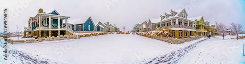 Beautiful homes surrounded by a frosty terrain under the cloudy sky in winter © Jason