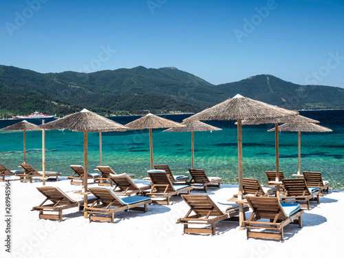 Little beach with marble in Limenas Thasou  capital and main port of Thassos island   Greece