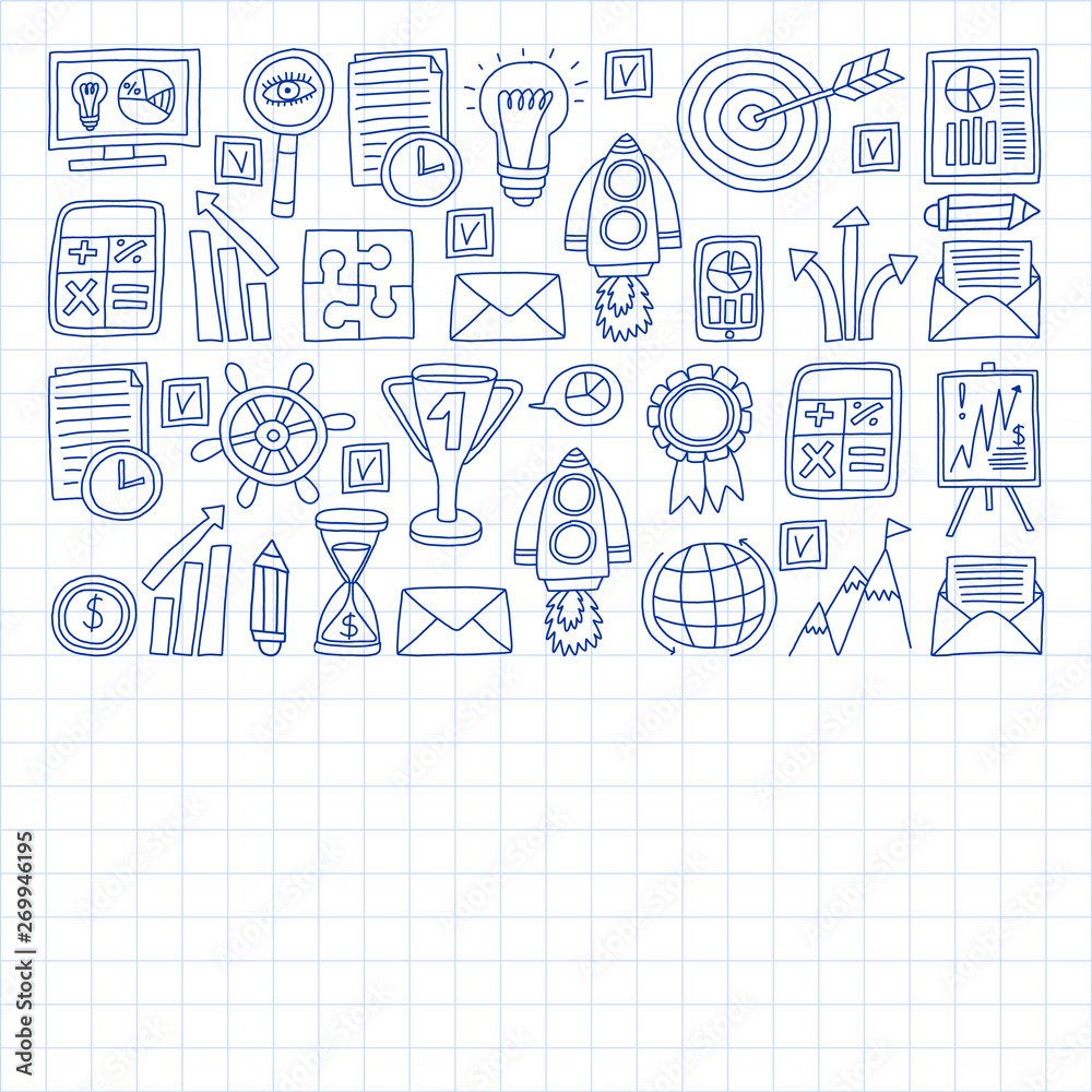 Vector set of bussines icons in doodle style. painted by penon a piece of paper in cage.