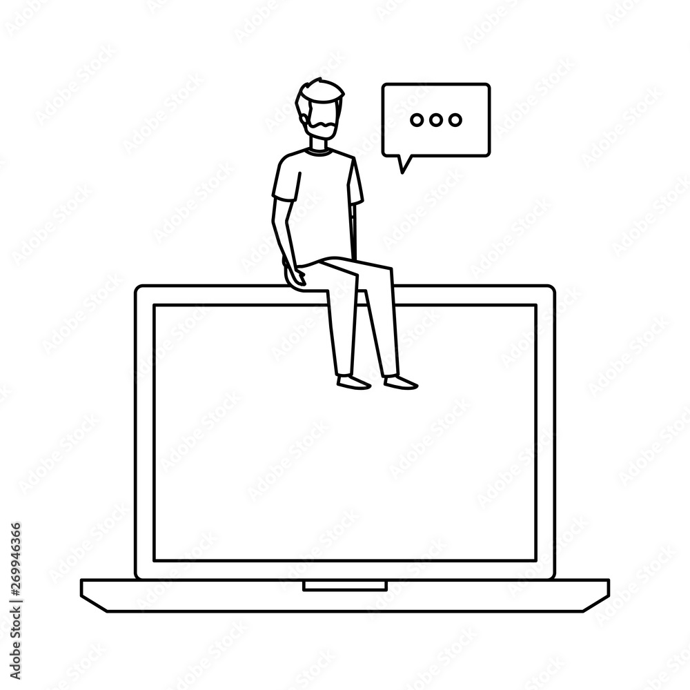 young man seated in laptop with speech bubble young man seated in laptop with speech bubble