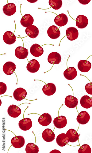 Seamless pattern falling cherry fruits, Fresh organic food, Red fruits berry pattern on white. Vector illustration.