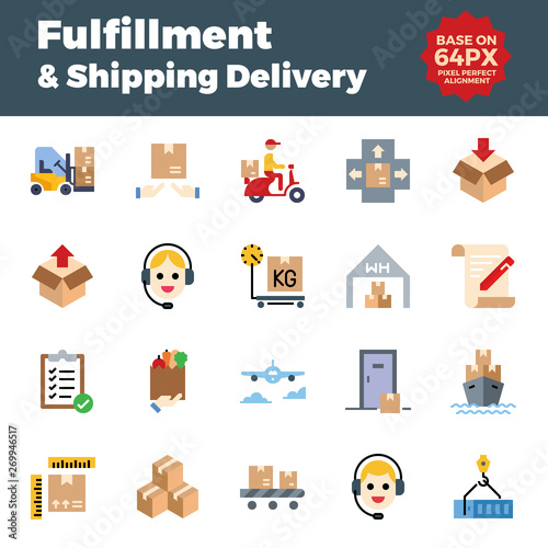 Fulfillment and shipping delivery flat icons. Base on 64px with pixel perfect alignment.