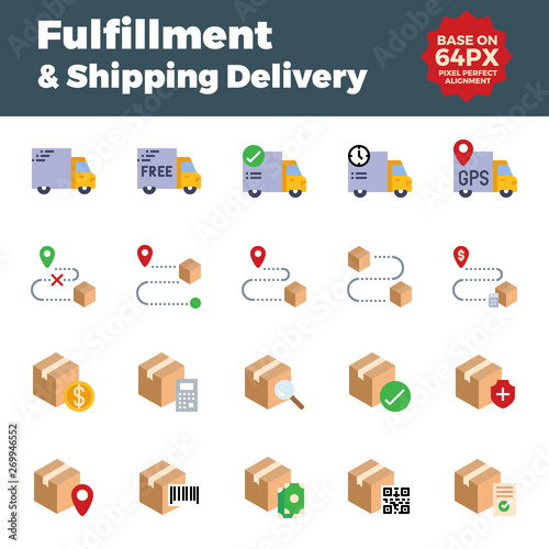 Fulfillment and shipping delivery flat icons. Base on 64px with pixel perfect alignment.