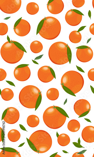Seamless pattern orange fruits with leaves on white background. Grapefruit vector illustration.