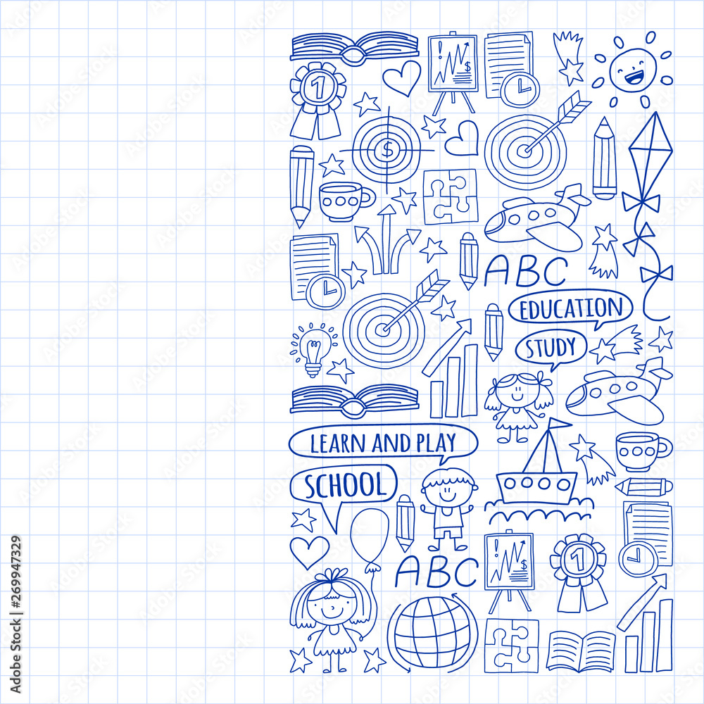Vector set of learning English language, children's drawingicons icons in doodle style. Painted, drawn with a pen, on a sheet of checkered paper on a white background. Vector set of learning English language, children's drawingicons icons in doodle style. Painted, drawn with a pen, on a sheet of checkered paper on a white background.