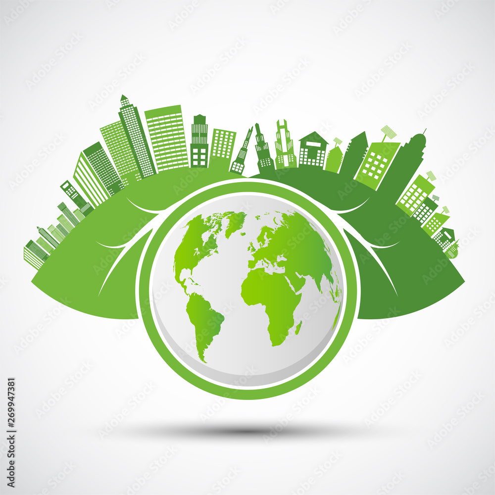 Ecology and Environmental Concept,Earth Symbol With Green Leaves Around Cities Help The World With Eco-Friendly Ideas,Vector Illustration Ecology and Environmental Concept,Earth Symbol With Green Leaves Around Cities Help The World With Eco-Friendly Ideas,Vector Illustration