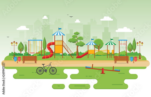 City Park in Summer with Kid Playground Playing Equipment Illustration
